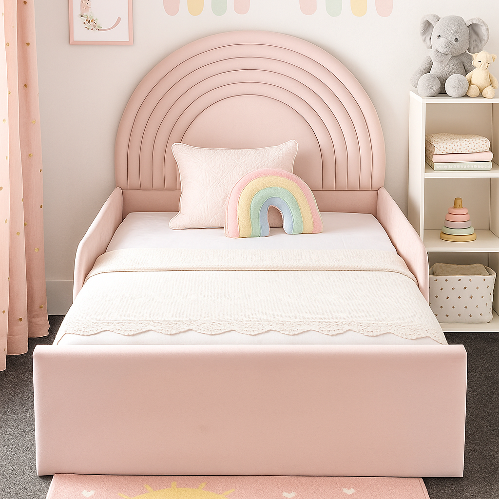 Children's room with pink bed, rainbow decorations, and toys.