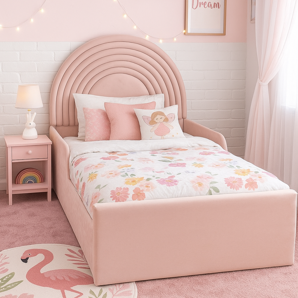 Pink bedroom with a bed, nightstand, and decorative elements.