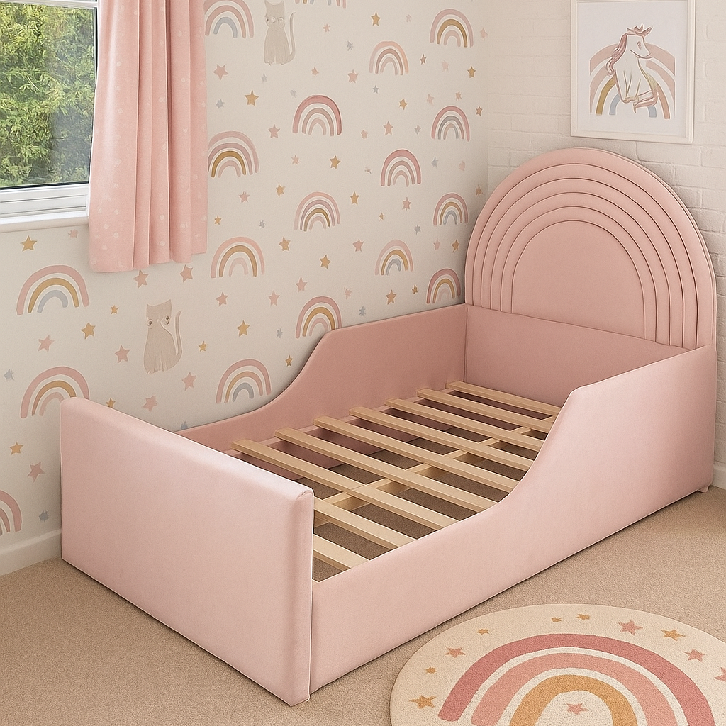 Children's bedroom with pink bed, rainbow-themed wallpaper, and rug.