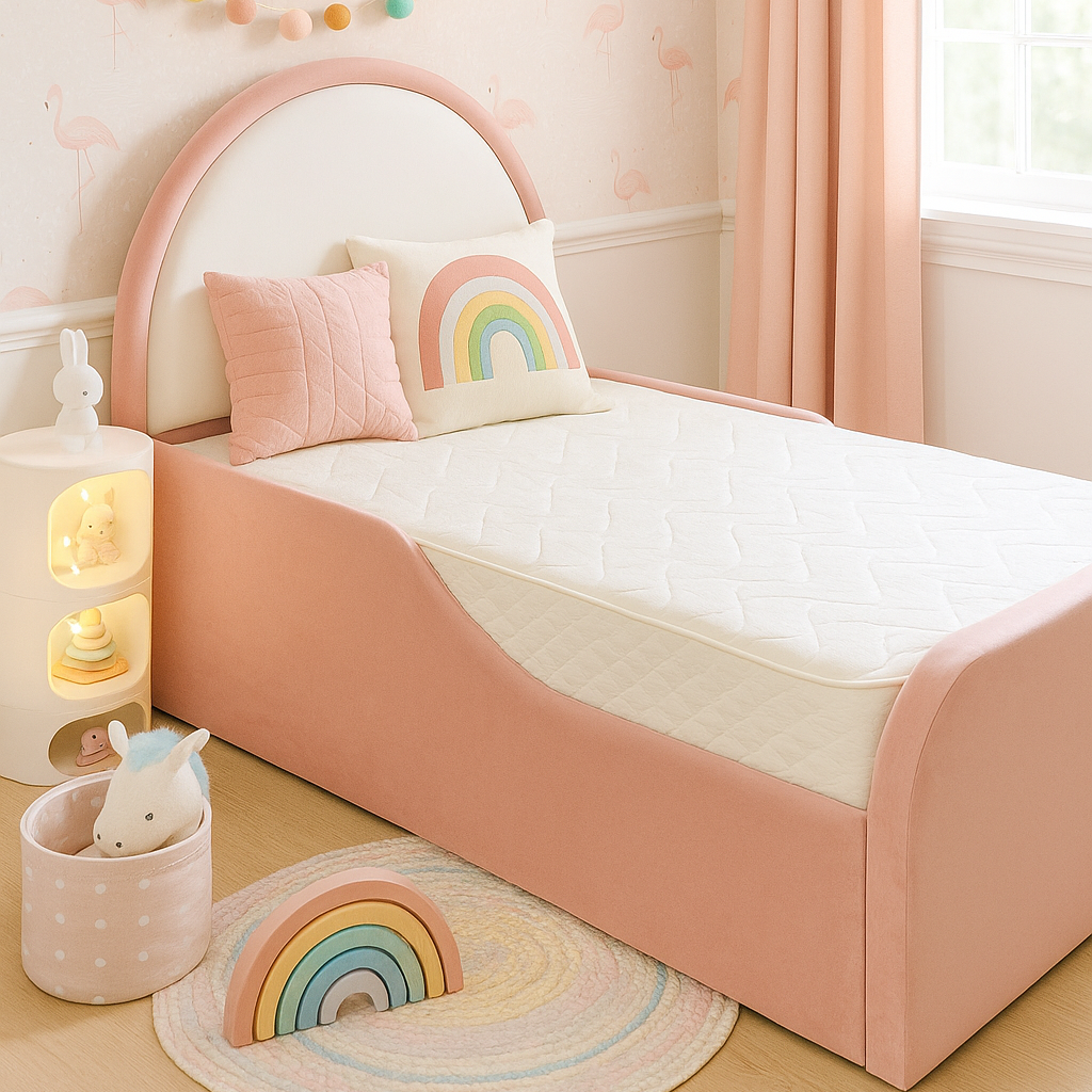 Children's bedroom with pink bed, rainbow decor, and soft lighting.