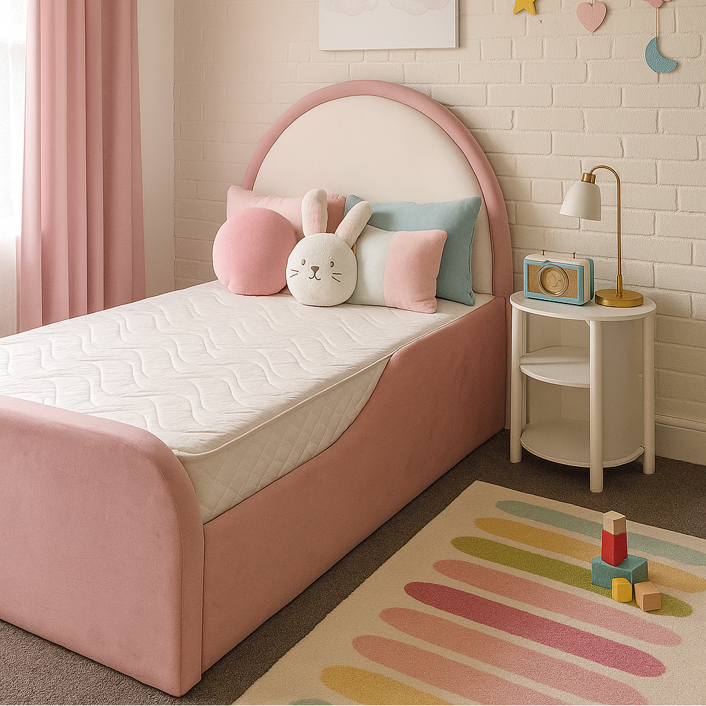 Children's bedroom with pink bed, colorful rug, and decorative elements.