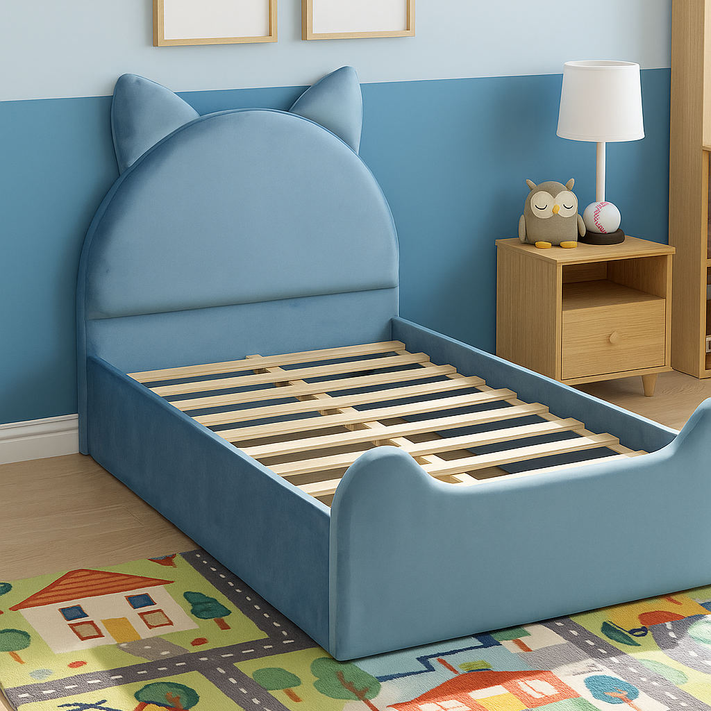 Children's blue bed with animal ears in a room with a nightstand and lamp.