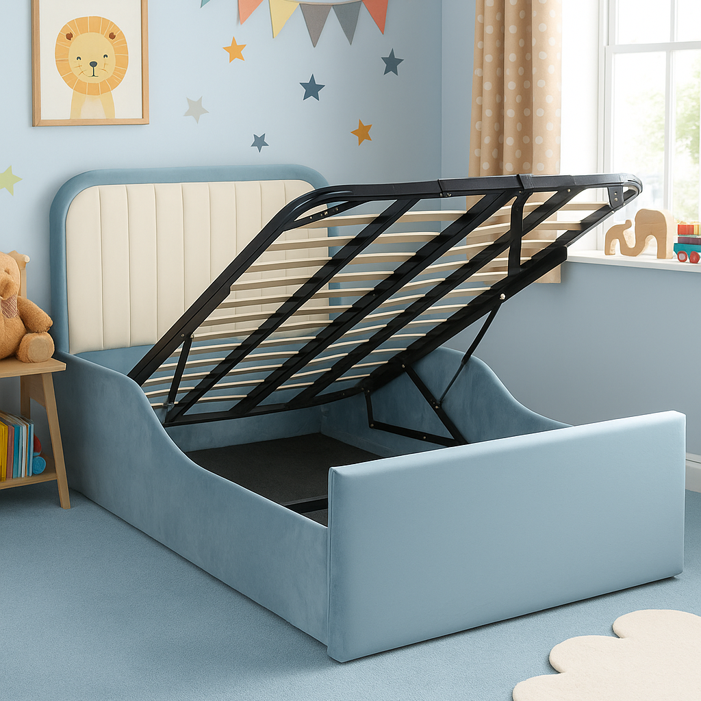 Children's bed with storage space in a room with blue walls, star decorations, and a window.