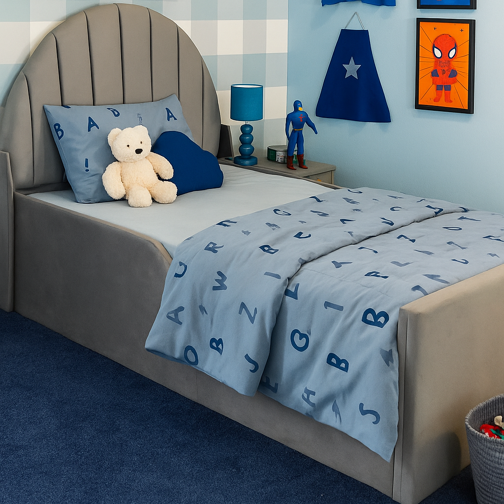 Children's bedroom with blue bedding, superhero decor, and a teddy bear.