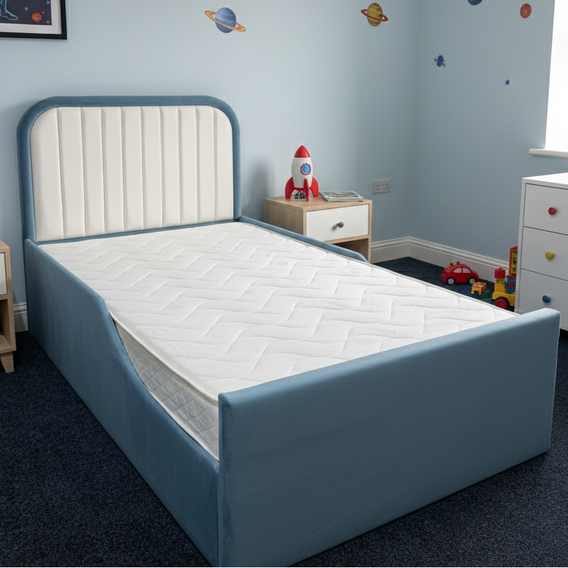 Children's room with a blue bed and space-themed decor