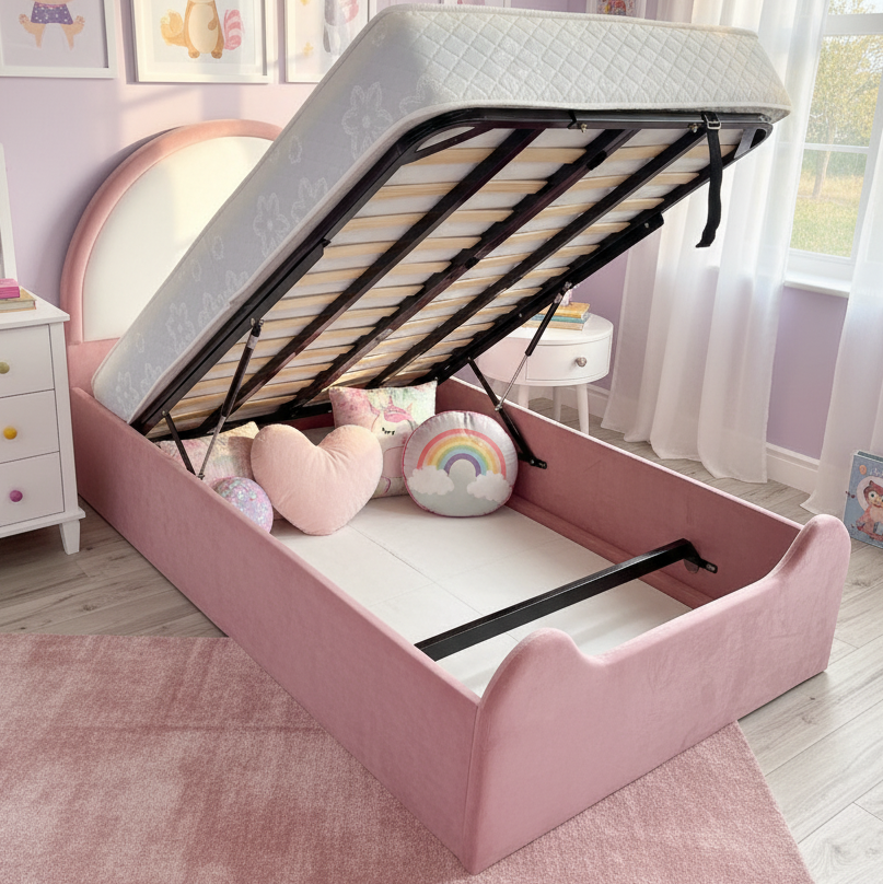 Pink bed with open storage compartment in a child's room