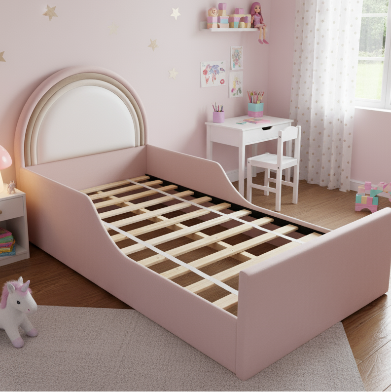 Children's bedroom with pink bed, desk, and toys on a pink wall.