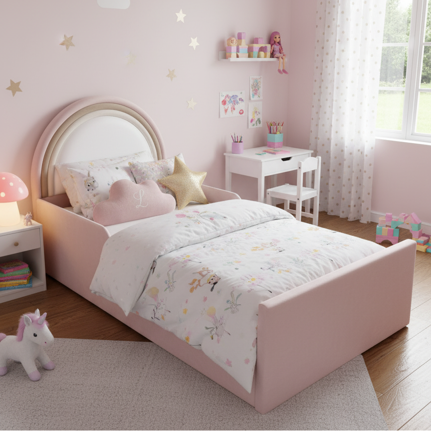 Children's bedroom with pink walls, bed, and decor