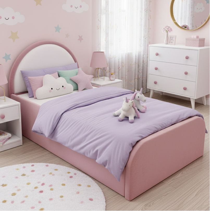 Children's bedroom with pink walls, bed, and furniture.