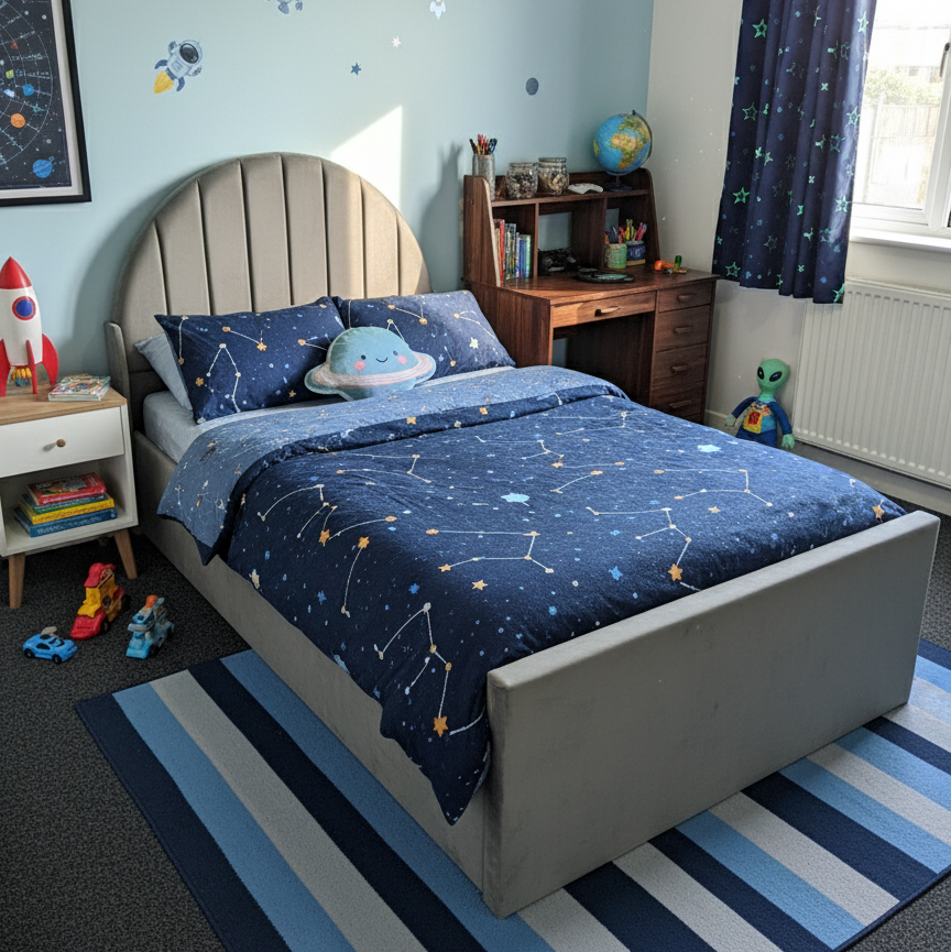 Children's bedroom with space-themed decor, including a bed with blue bedding, desk, and toys.