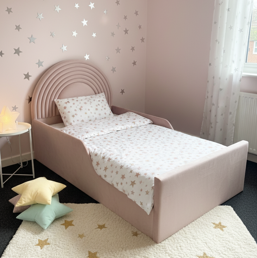 Children's bedroom with pink bed, star-patterned wall, and rug.