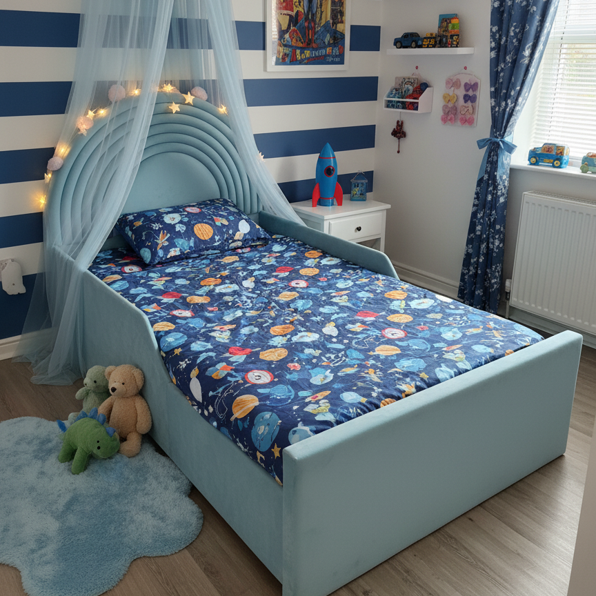 Children's bedroom with blue and white striped walls, a bed with space-themed bedding, and decorative elements.