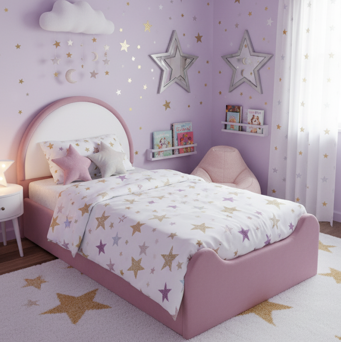 Children's bedroom with purple walls, star decorations, and a pink bed.