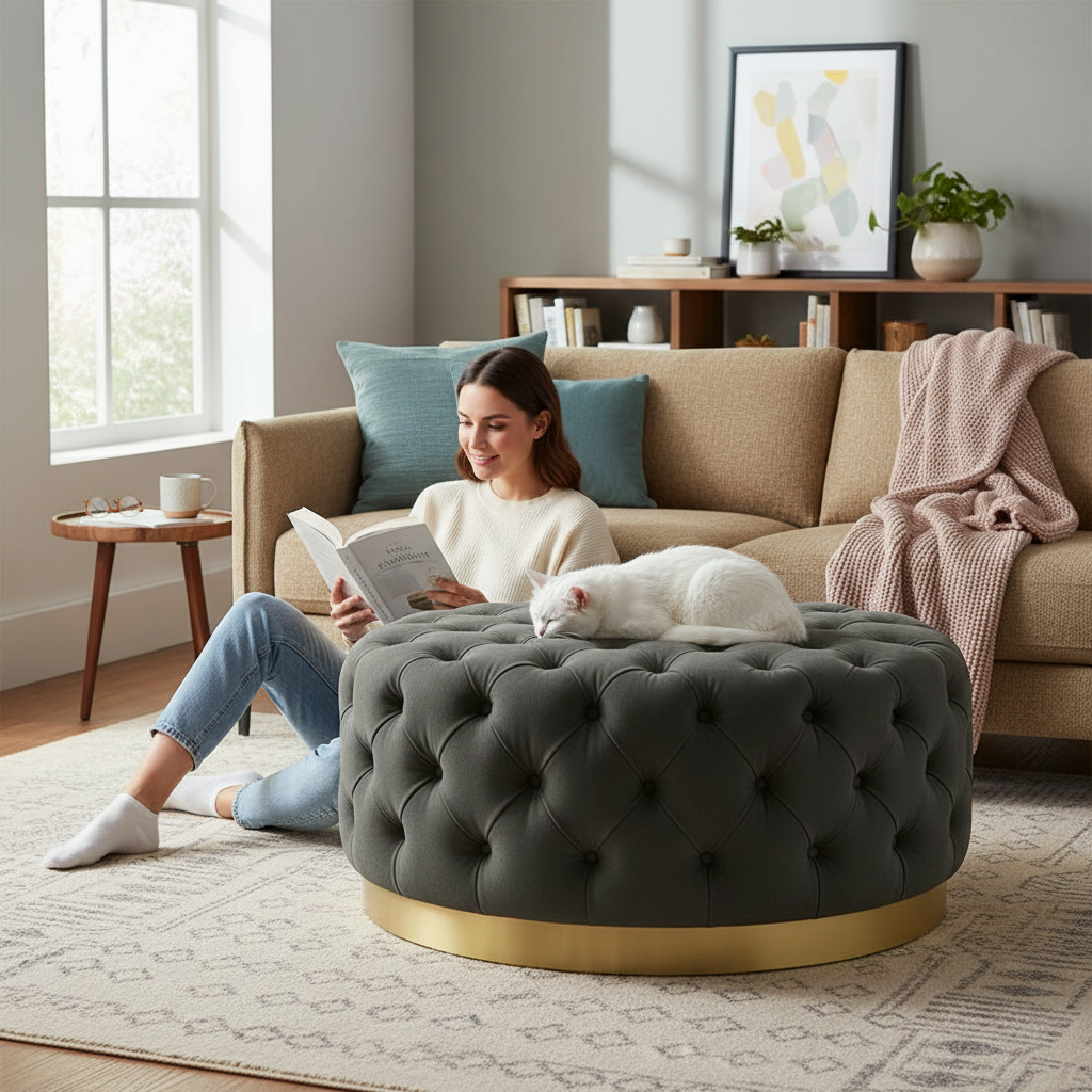 The Royal Handmade Round Chesterfield Coffee Table – Luxury Upholstered Elegance for Your Living Room