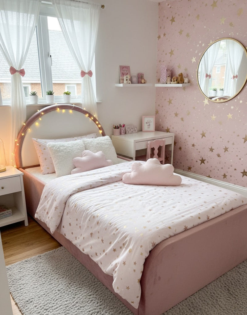 Kids Bullnose Corner Plush Velvet Bed Frame Upholstered Bed with Ottoman Storage