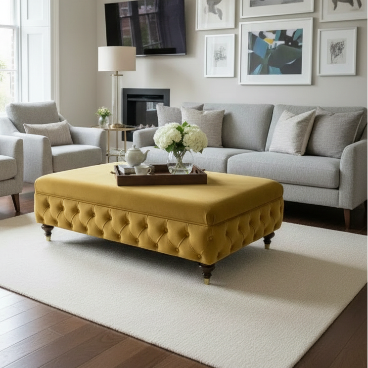 Living room with a yellow ottoman, gray sofa, and framed pictures on the wall.