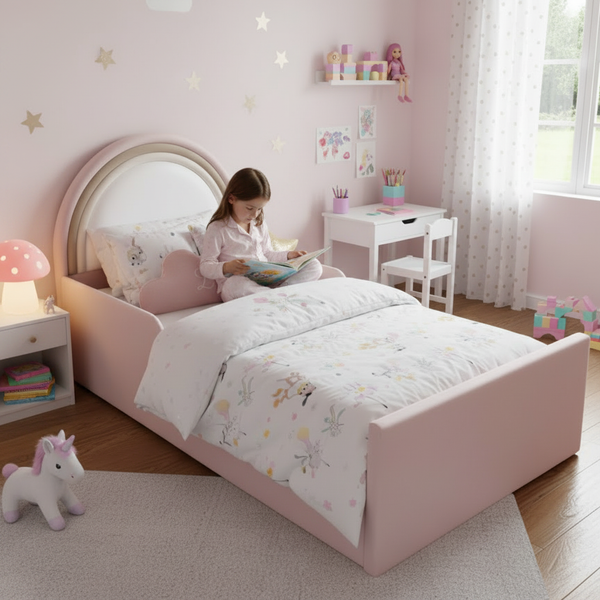 Kids Handmade Modern Daisy Belle Plush Velvet Bed Frame Upholstered Bed with Ottoman Storage