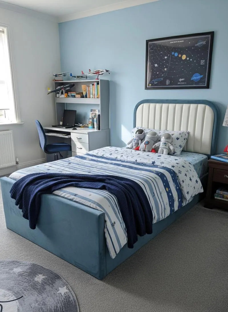 Kids Handmade Linea Plush Velvet Bed Frame Upholstered Bed with Ottoman Storage